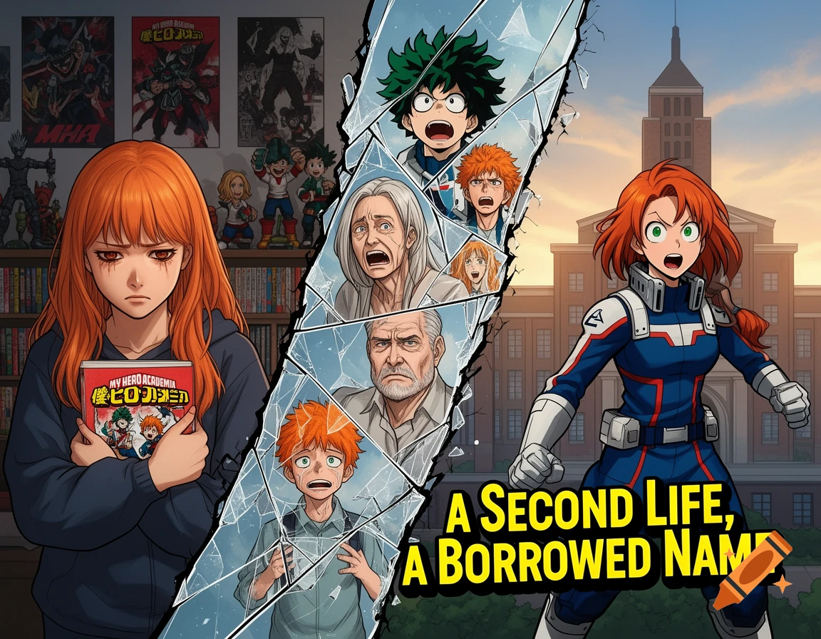 A split image with a sad girl holding My Hero Academia manga on the left, and a determined girl in a UA uniform on the right, separated by shattered glass reflecting other characters. Text: A Second Life, A Borrowed Name.