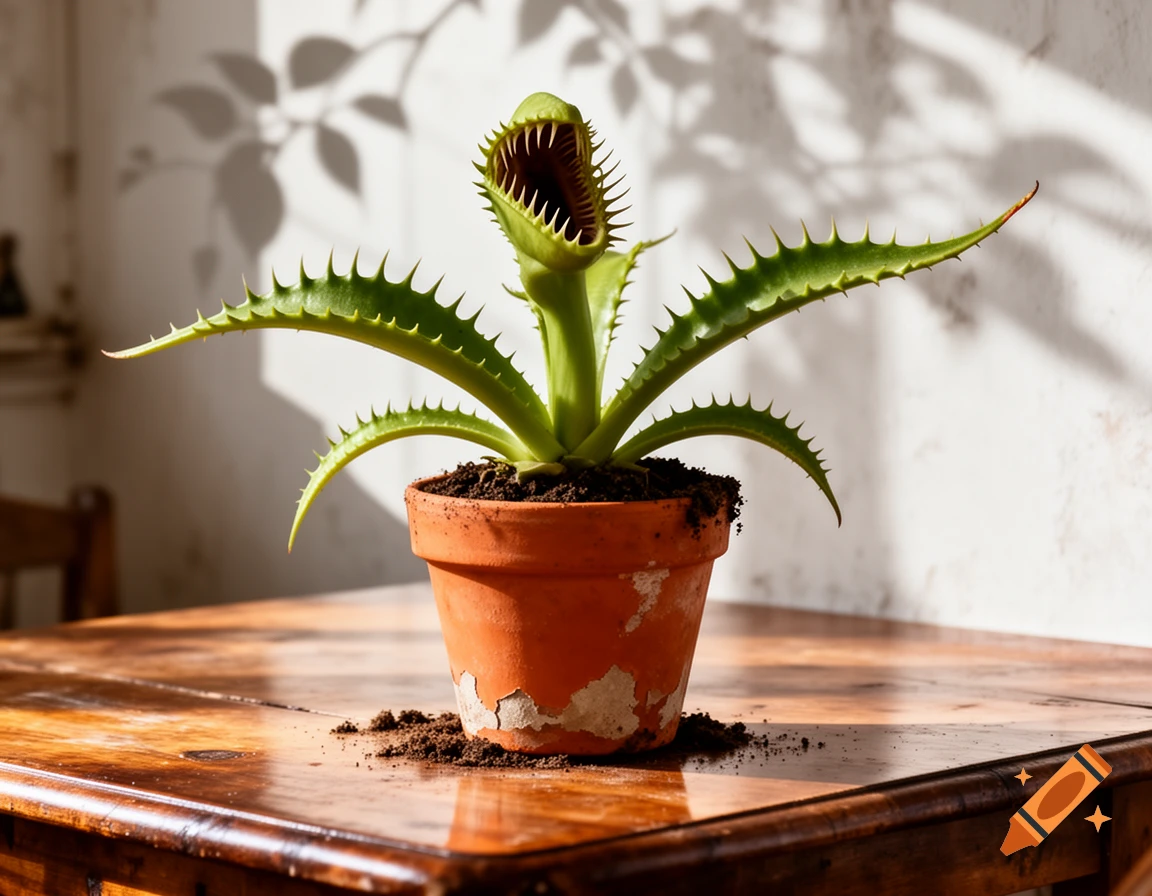 A menacing carnivorous plant with sharp teeth in a terracotta pot on a sunlit wooden table.