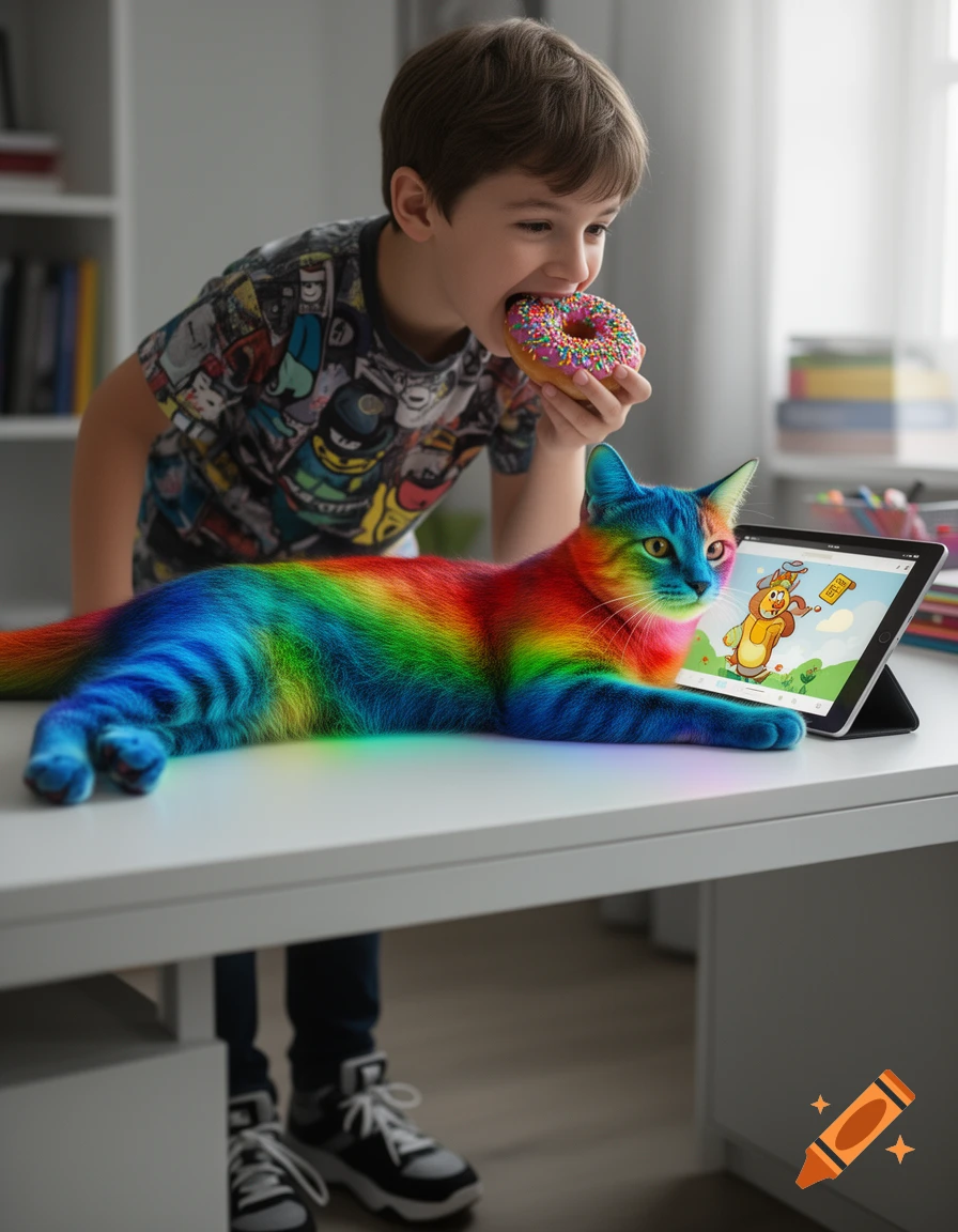 A boy bites into a pink donut next to a rainbow-colored cat looking at a tablet on a white table.