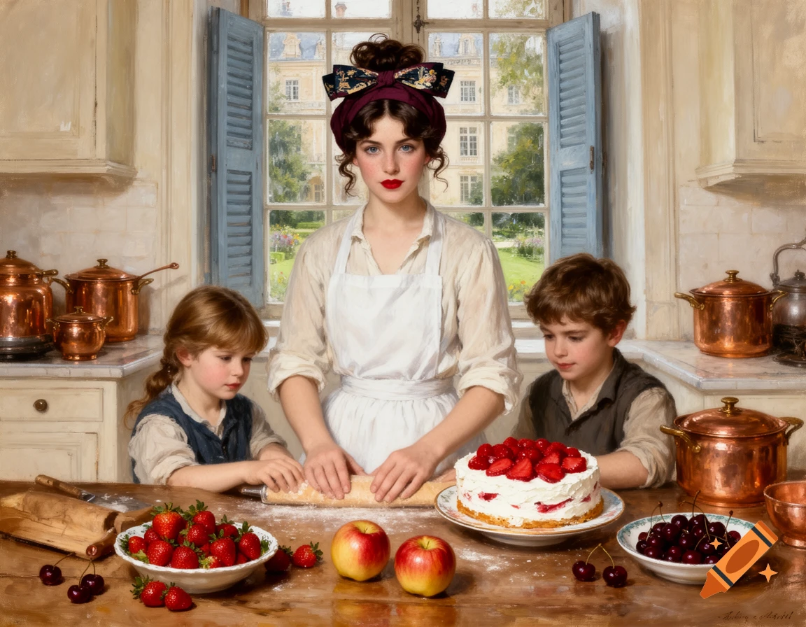 Oil painting of a woman, a girl, and a boy baking in a bright Victorian kitchen with copper pots and fruit.