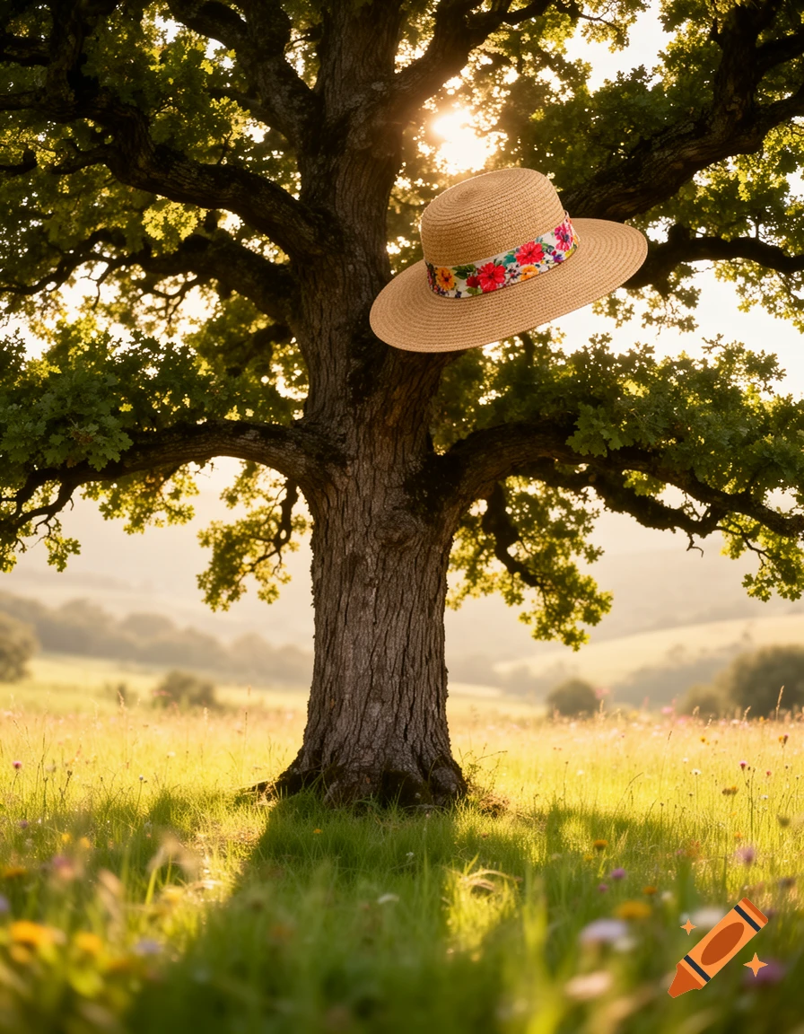 A straw hat with a floral band floats near a sun-drenched oak tree in a vibrant green meadow at sunset.