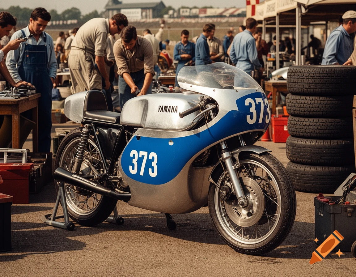 A silver and blue Yamaha TR3 race motorcycle with the number 373 is parked in a vintage race paddock with mechanics.