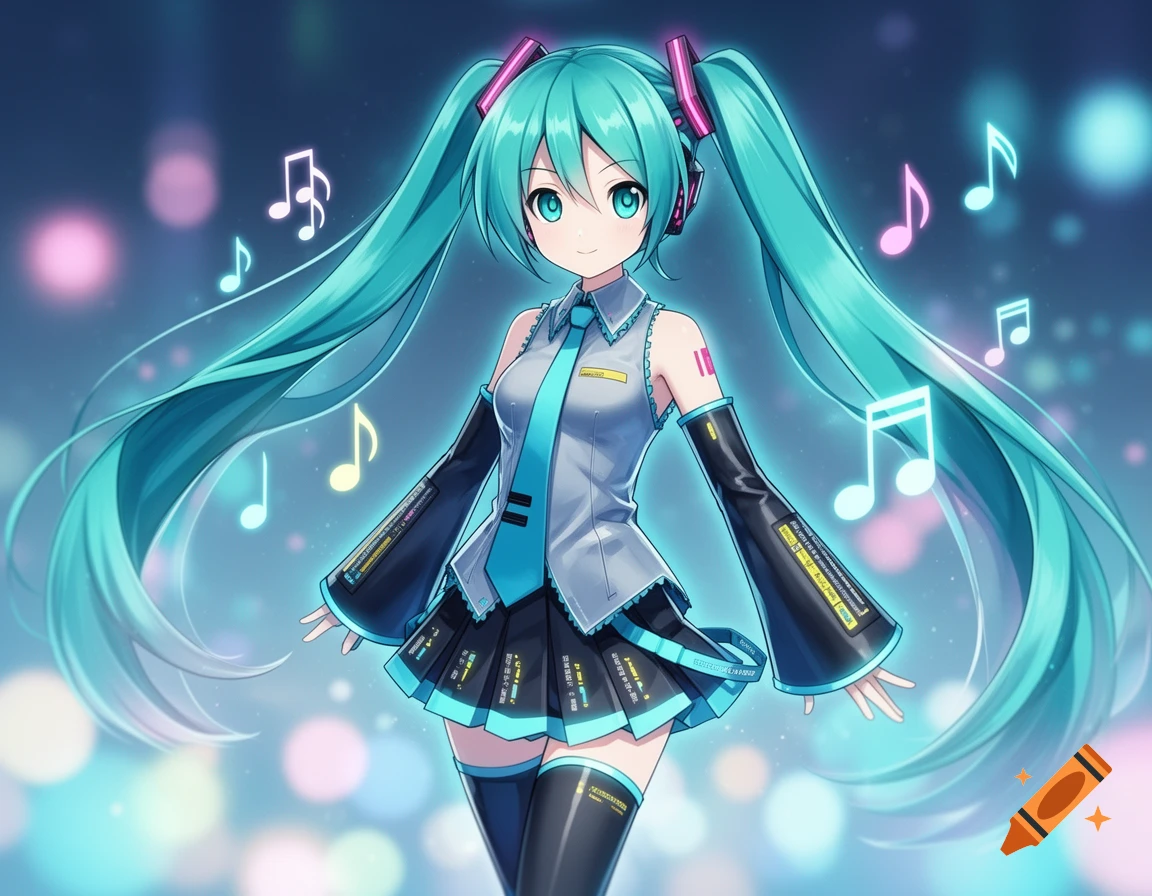 Hatsune Miku in her signature outfit with long teal pigtails and glowing headphones, surrounded by colorful musical notes on a bokeh background.