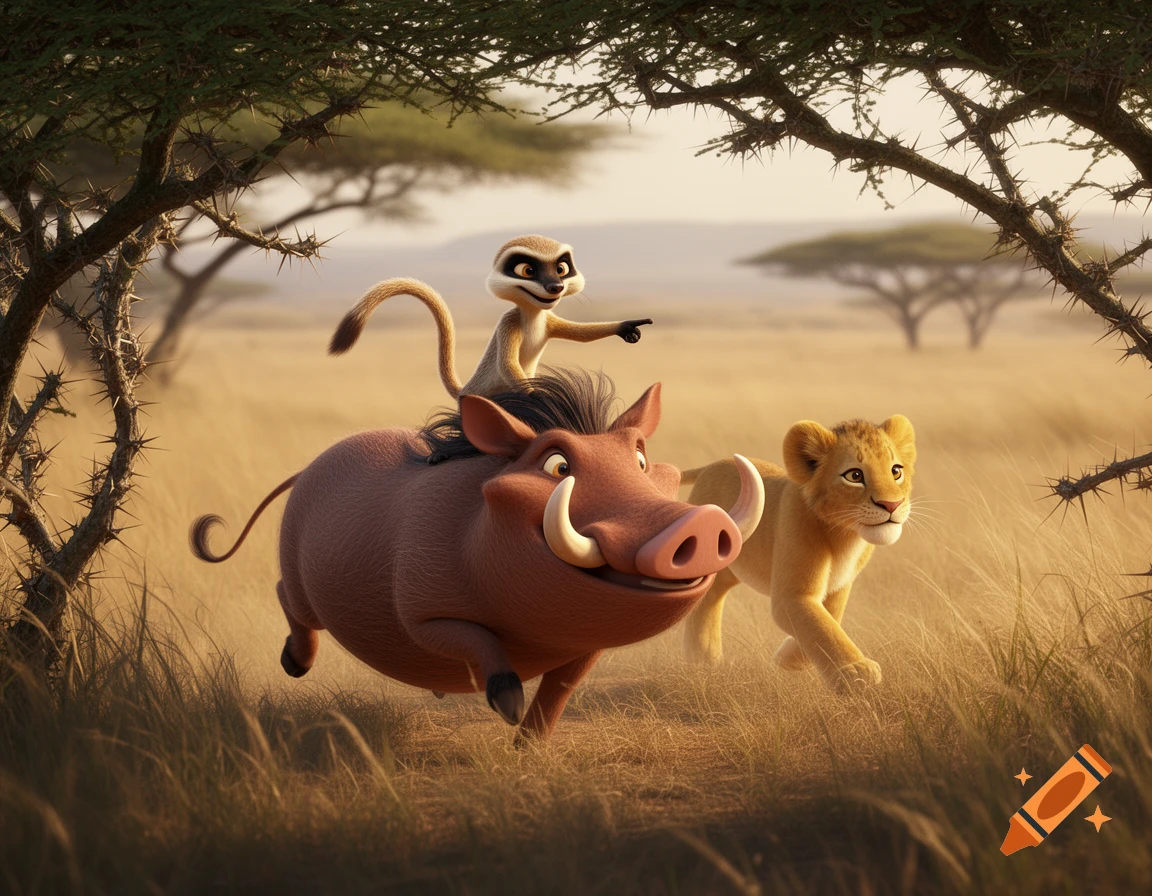 Animated Timon rides Pumbaa's back, pointing forward as young Simba runs beside them through a savanna with acacia trees.