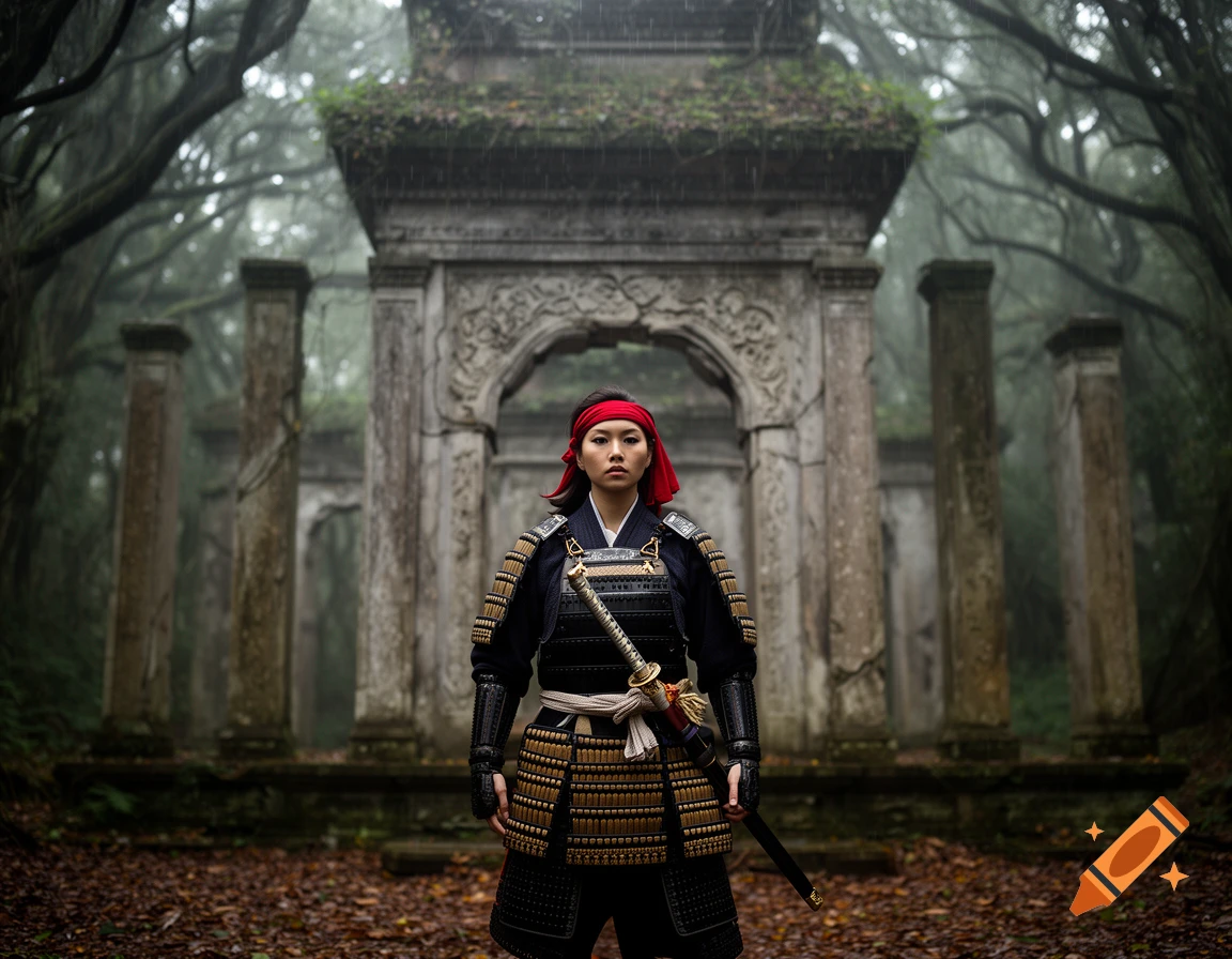 A samurai woman in armor with a red headband stands with a katana in a misty forest before a ruined stone temple.