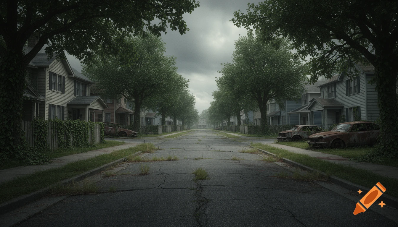 Photorealistic abandoned suburban street with cracked roads, overgrown grass, rusted cars, and houses under an overcast sky.