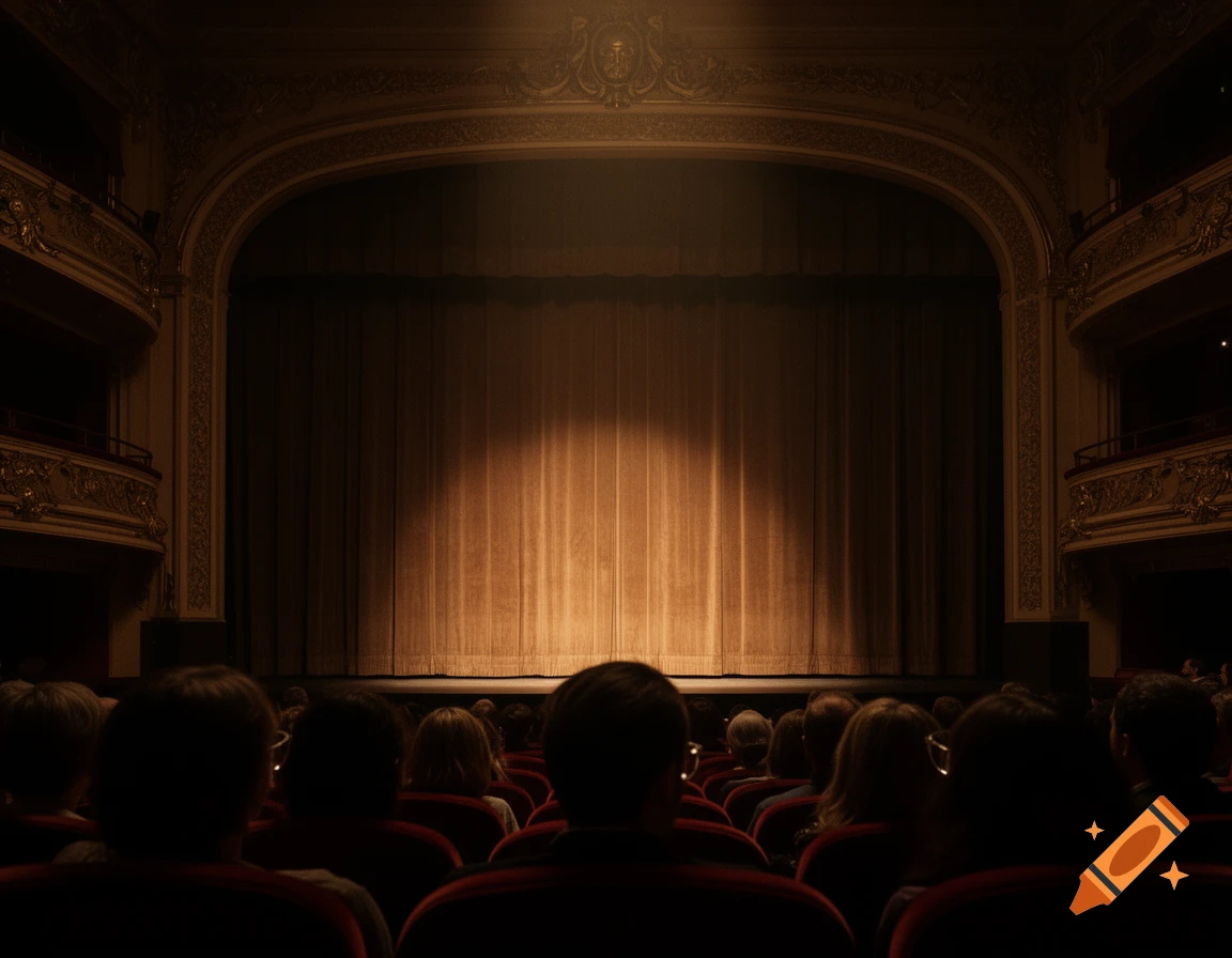 Empty stage with brown curtains spotlighted, viewed from the back of a dark theater audience.