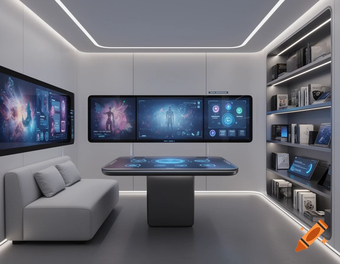 A futuristic smart room with multiple large screens displaying data, a sleek table, a light gray sofa, and illuminated bookshelves.