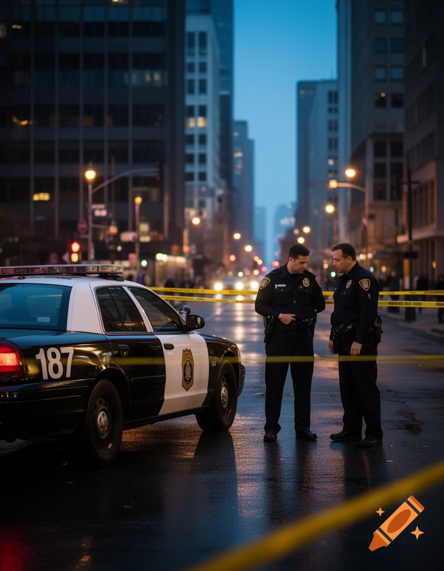 Two police officers stand next to a patrol car with '187' on its side, on a wet city street at night with crime scene tape.