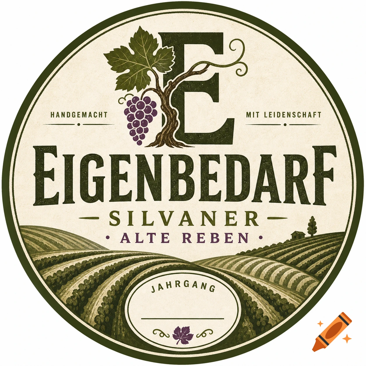 A vintage-style circular wine logo with text "EIGENBEDARF SILVANER ALTE REBEN," a large 'E' integrated with a grape vine, and rolling vineyards.