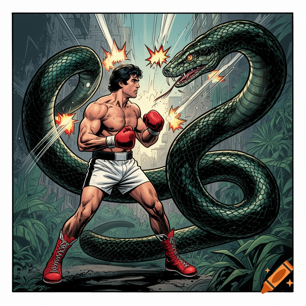 Rocky Balboa in boxing gear punches a large snake in a dynamic comic book style with an urban jungle background.
