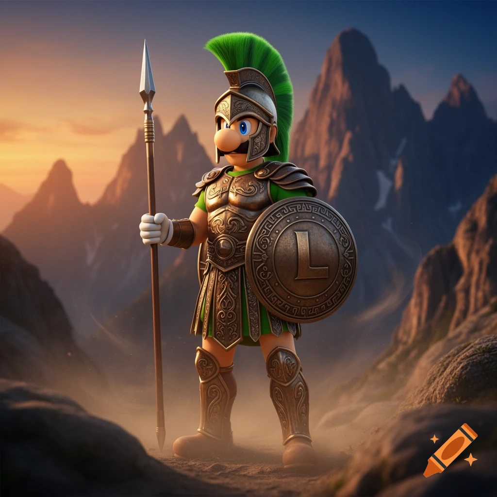 Luigi in detailed Spartan armor, helmet with green plume, holds a spear and shield with an 'L' on rocky ground with mountains at sunset.