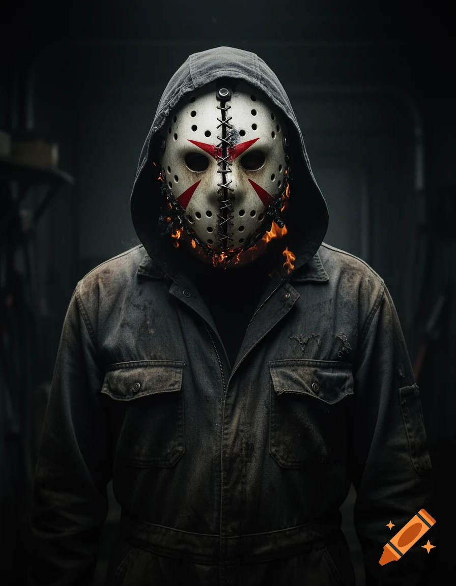 A masked horror character in a dirty mechanic jumpsuit with a hood, wearing a white hockey mask with red markings and metal stitches, with flames emanating from under the mask.