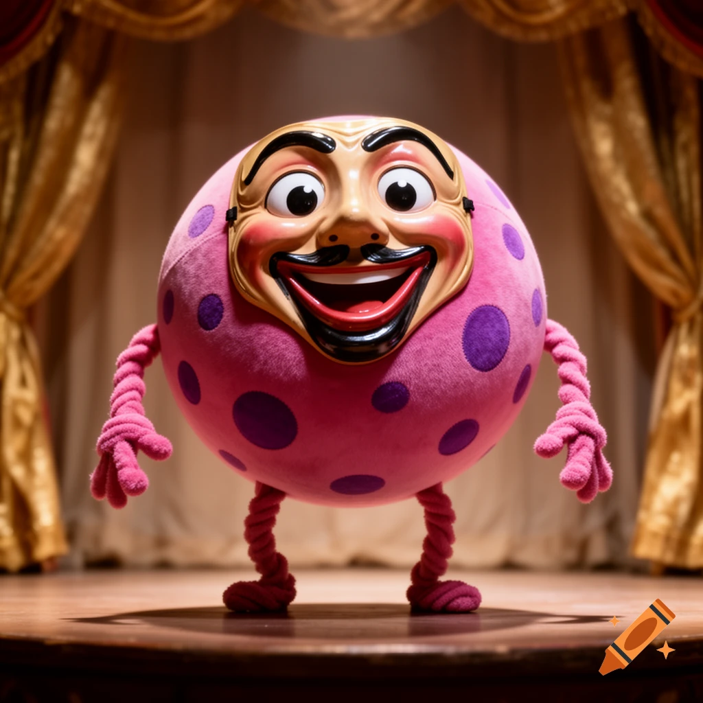 A pink, polka-dotted spherical puppet with noodly limbs and a theatrical mask stands on a stage with golden curtains.