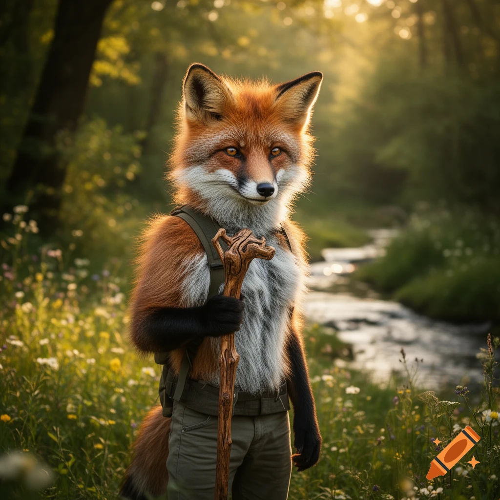 A photorealistic anthropomorphic fox in a sunlit forest, wearing a backpack and pants, holding a carved wooden staff, with a stream in the background.