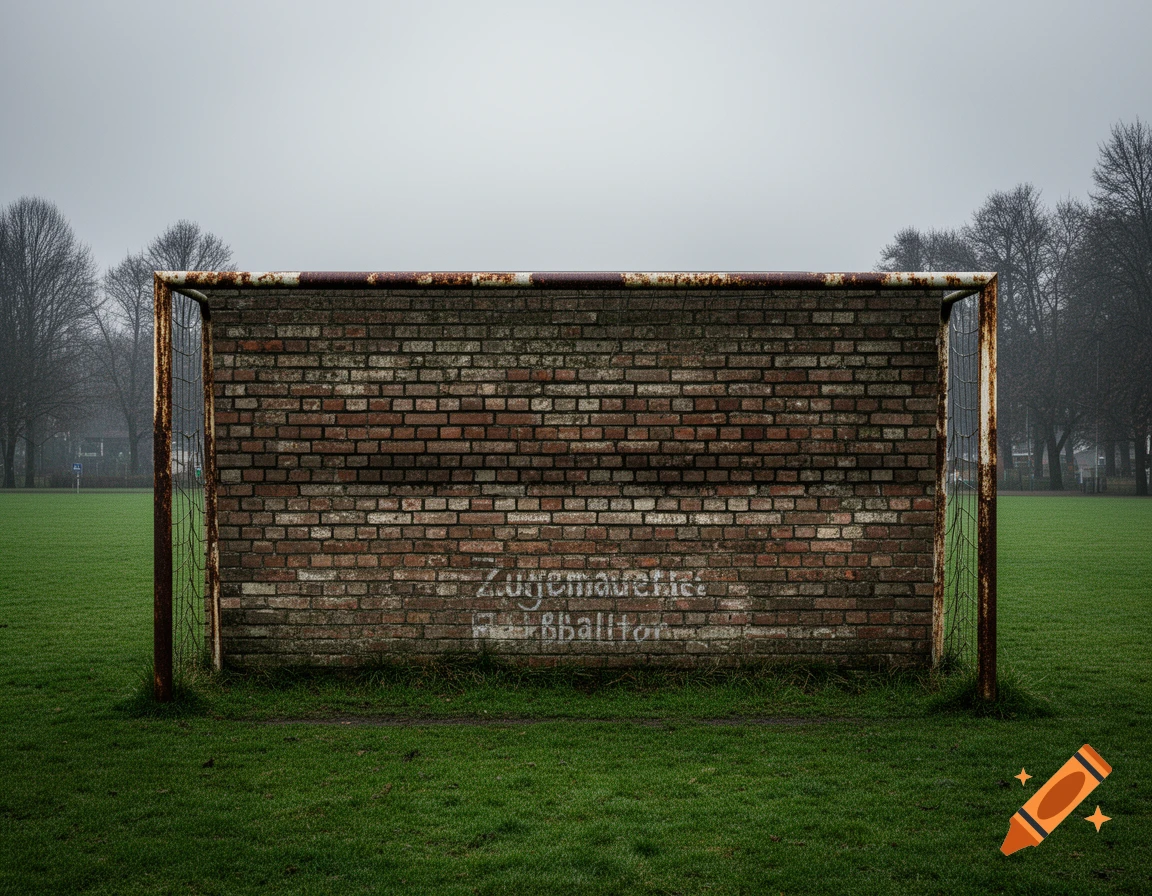 A desolate, overcast scene featuring a rusty soccer goal with a brick wall replacing the net, on a green grass field.