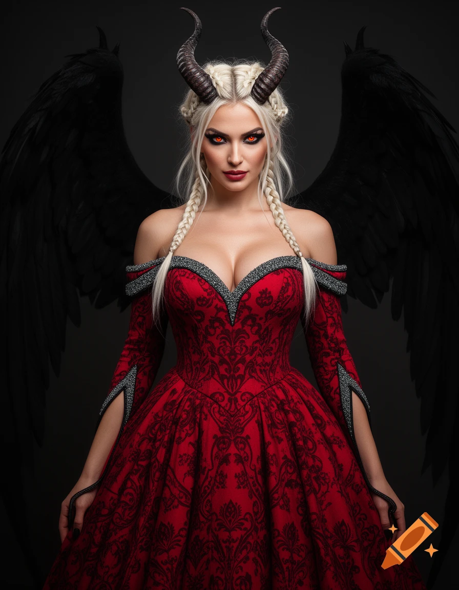 Photorealistic portrait of a demon woman with blonde braids, red eyes, horns, black wings, and a red ornate gown.