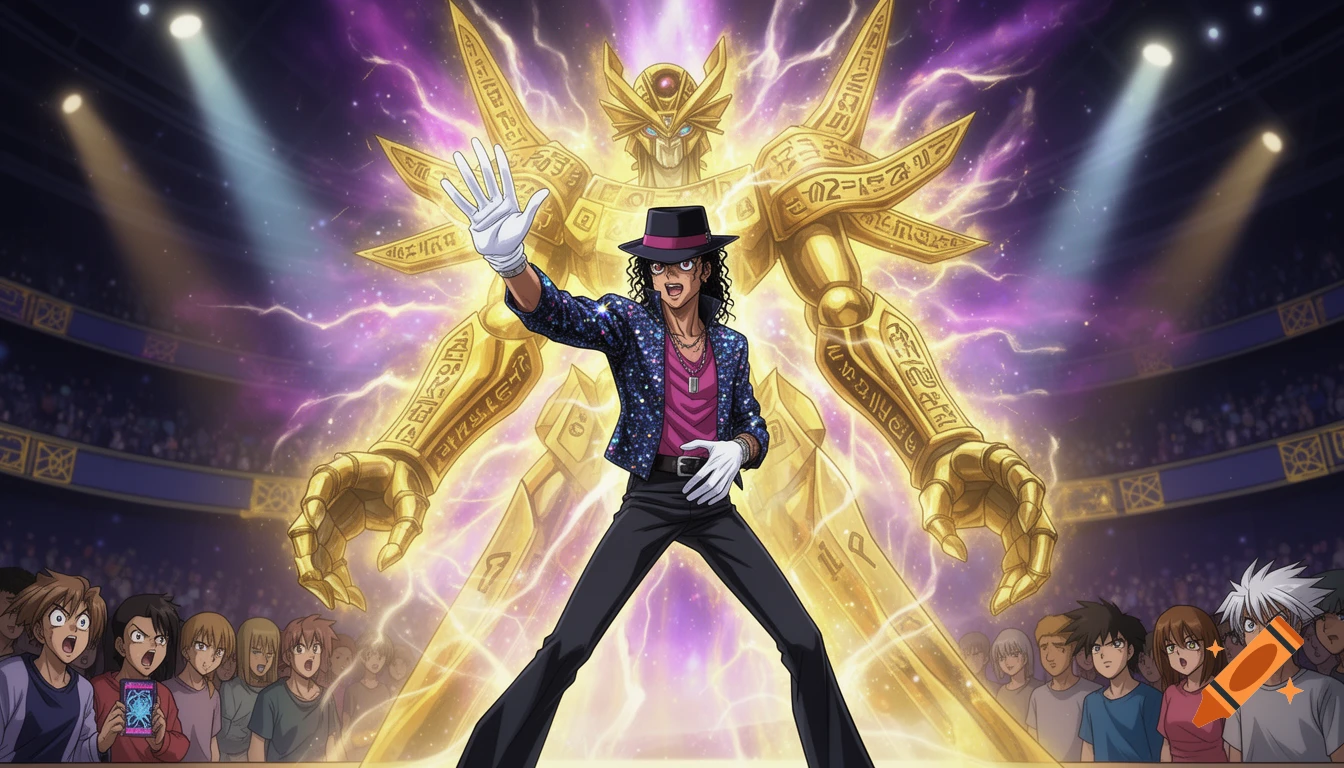 Anime-style Michael Jackson in a sequined jacket, hat, and white gloves, raises a hand as a giant golden robot with glowing eyes and ancient symbols appears behind him in an arena, with a surprised audience watching.