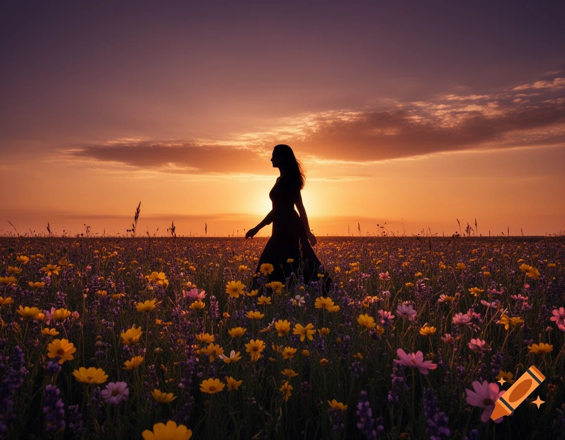 Silhouette of a woman walking through a field of colorful wildflowers at sunset.