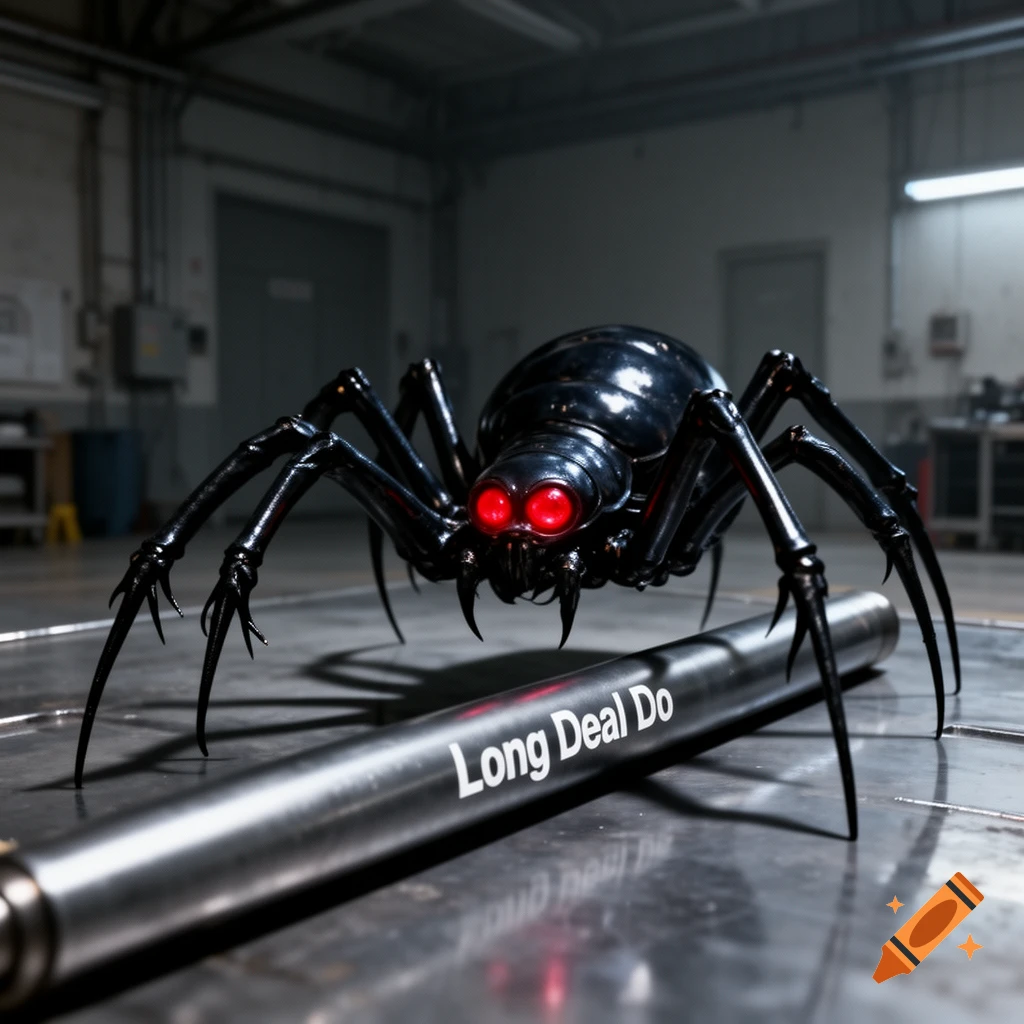 A photorealistic black metallic spider with glowing red eyes stands over a silver tube labeled "Long Deal Do" in an industrial setting.