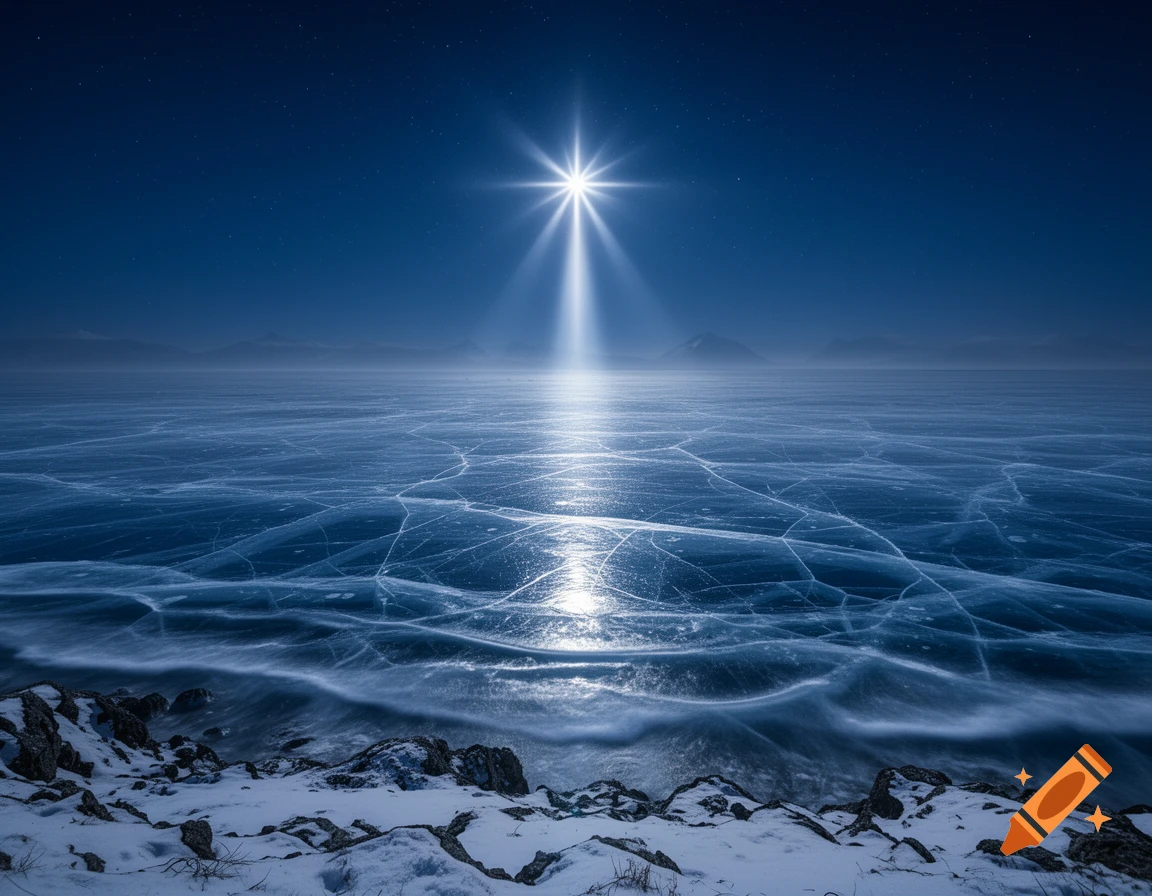 A brilliant star shines down on a vast frozen ocean with intricate cracks, reflecting on the ice. A snowy shoreline is in the foreground under a dark blue night sky.