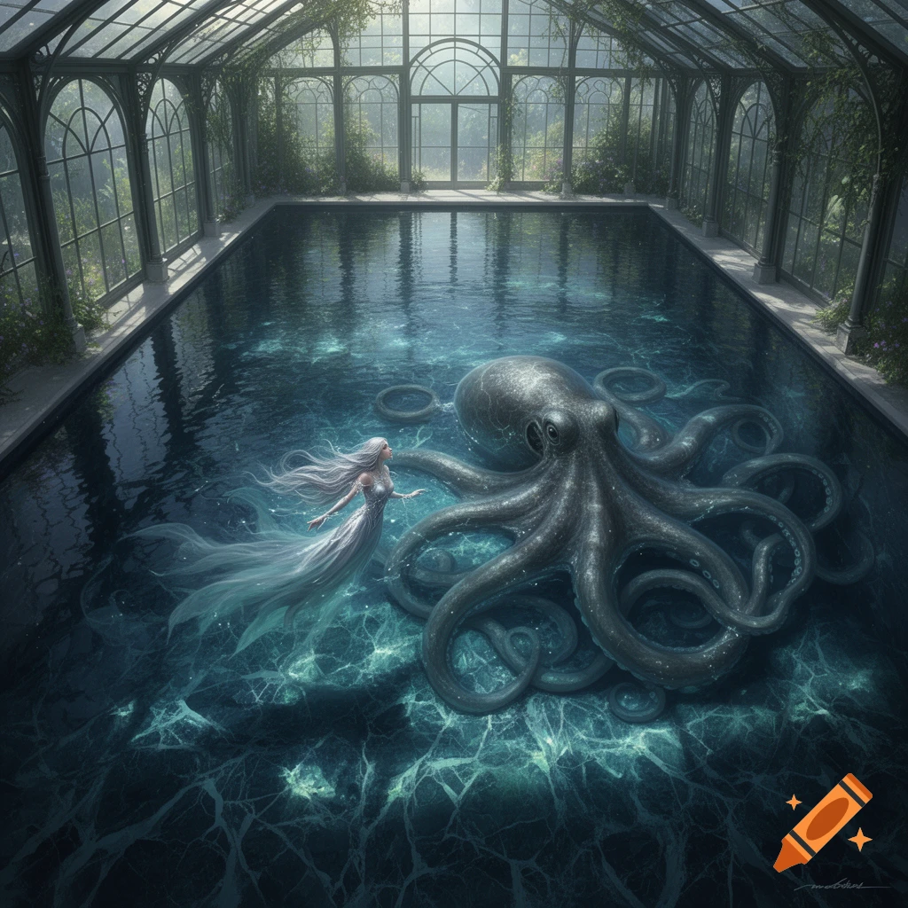 A beautiful sorceress in a white gown swims alongside a kraken in a dark, glowing pool within a grand glass pavilion.