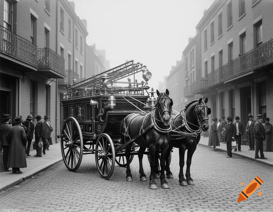 A black and white photograph shows a historic horse-drawn fire engine on a cobblestone street with people and buildings.