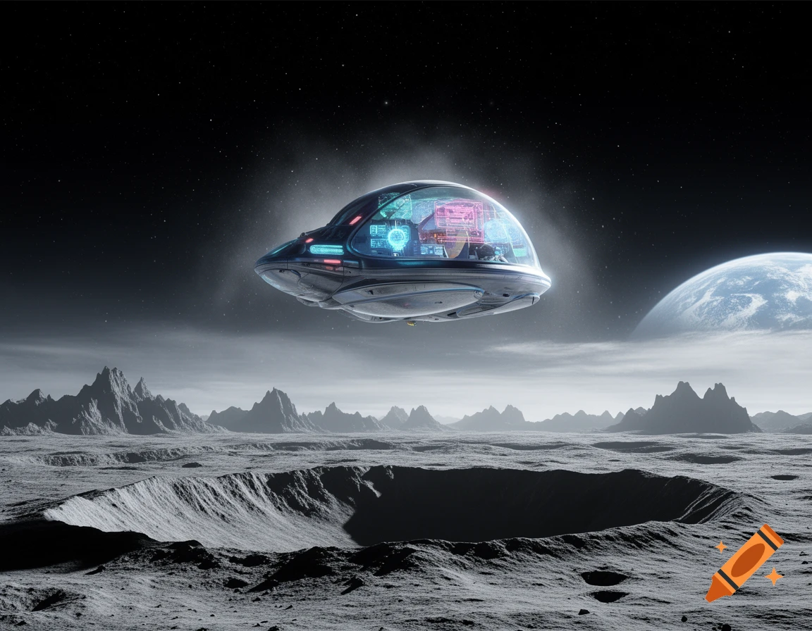A futuristic spaceship hovers over a cratered lunar landscape under a starry sky, with a large planet in the distance.