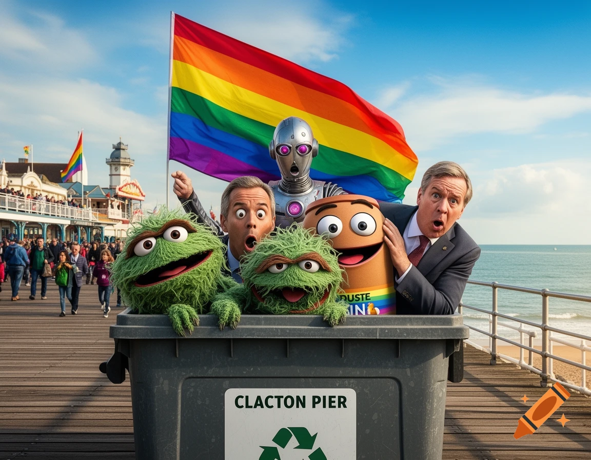 Count Binface, Oscar the Grouch, Dusty Bin, and Nigel Farage peer from a recycling bin on Clacton Pier under a large rainbow pride flag.