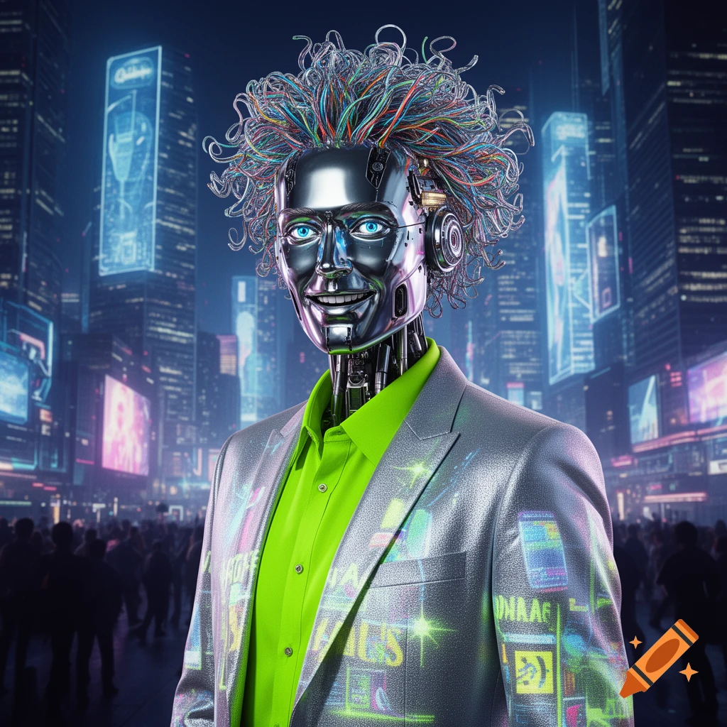 A smiling robot with blue eyes and colorful wires for hair wears a bright green shirt and a metallic suit in a futuristic cityscape with neon signs.