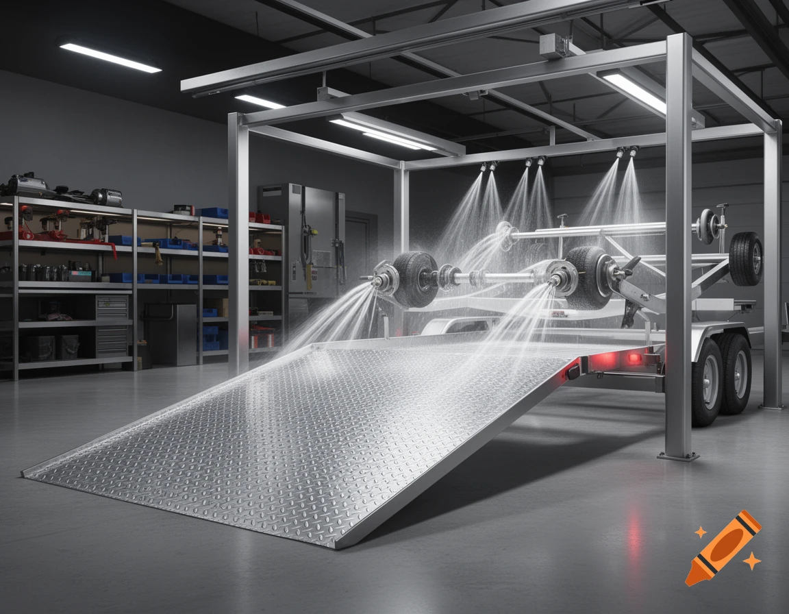 Photorealistic 3D image of an automatic boat trailer rinse station flushing water onto axles and wheels in a garage.