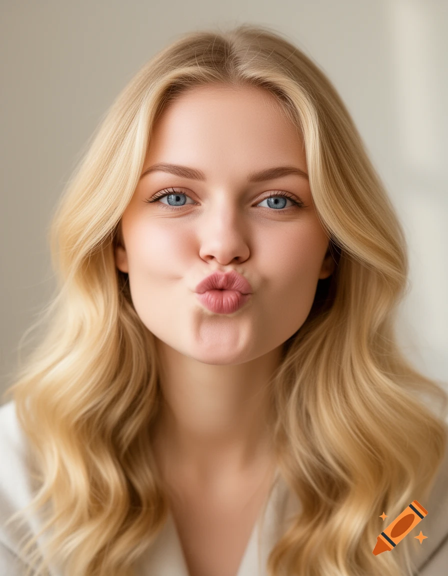 A photorealistic close-up portrait of a young blonde woman with blue eyes making a kissy face.
