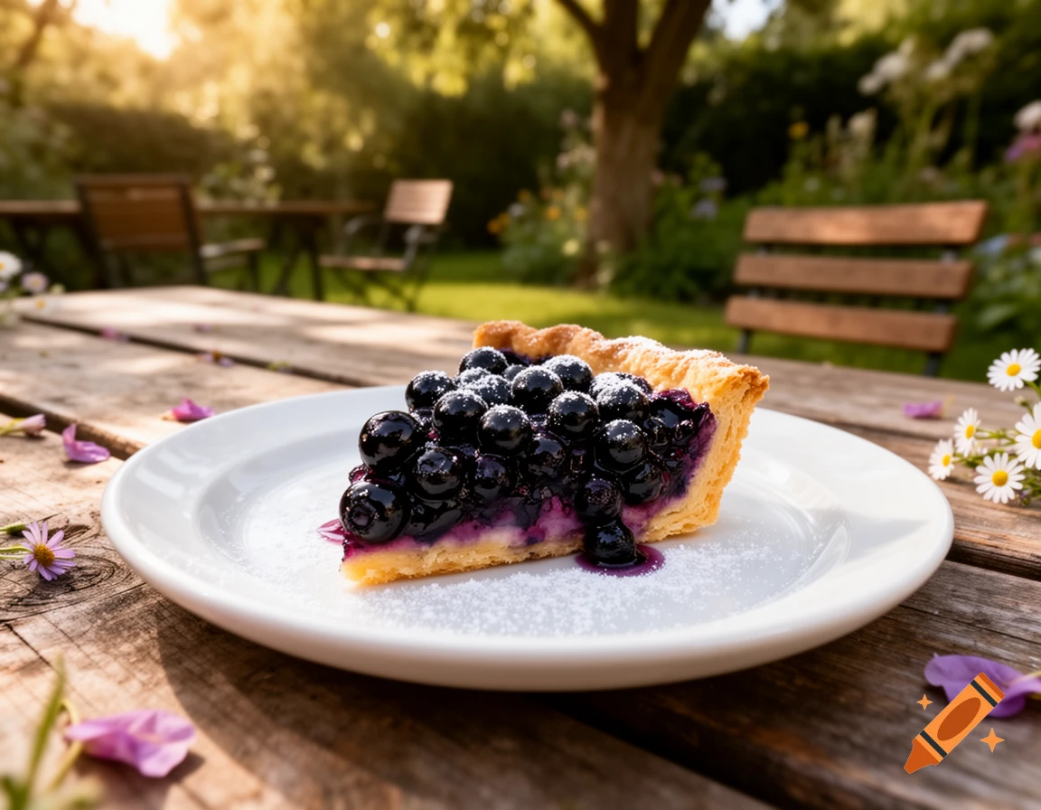 A photorealistic slice of blueberry pie on a white plate, dusted with powdered sugar, sitting on a wooden table in a sunny garden.