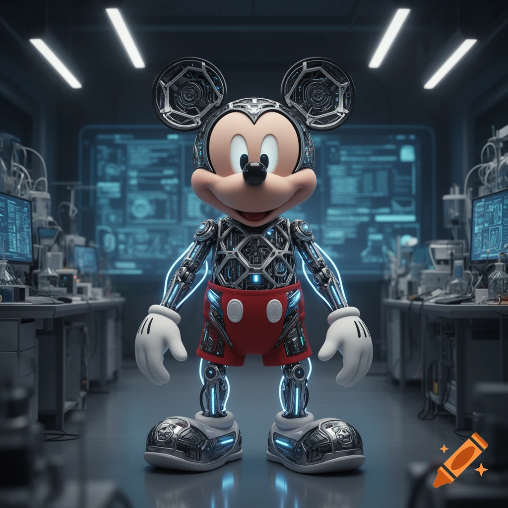 Cyborg Mickey Mouse with exposed circuits, glowing blue, standing in a futuristic laboratory filled with computer screens.
