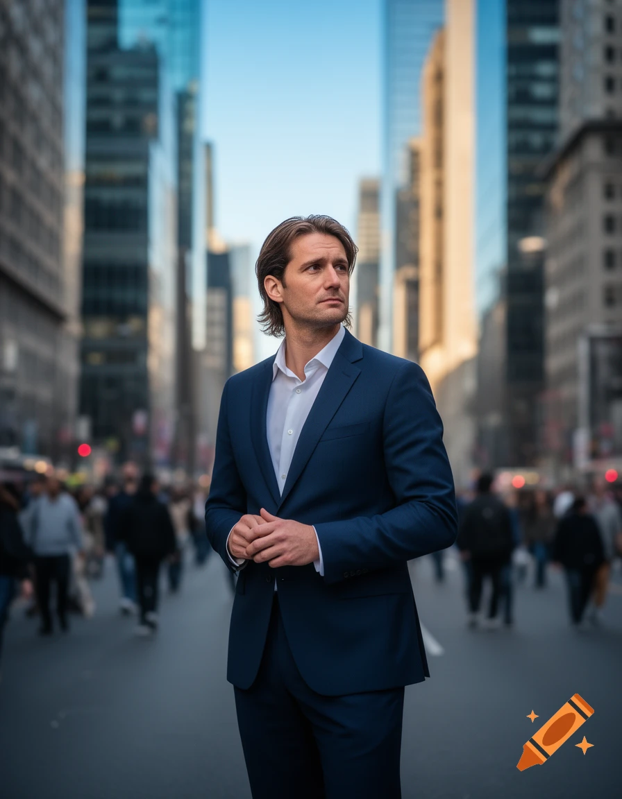 Man in a blue suit stands thoughtfully on a bustling city street with blurred skyscrapers and pedestrians.