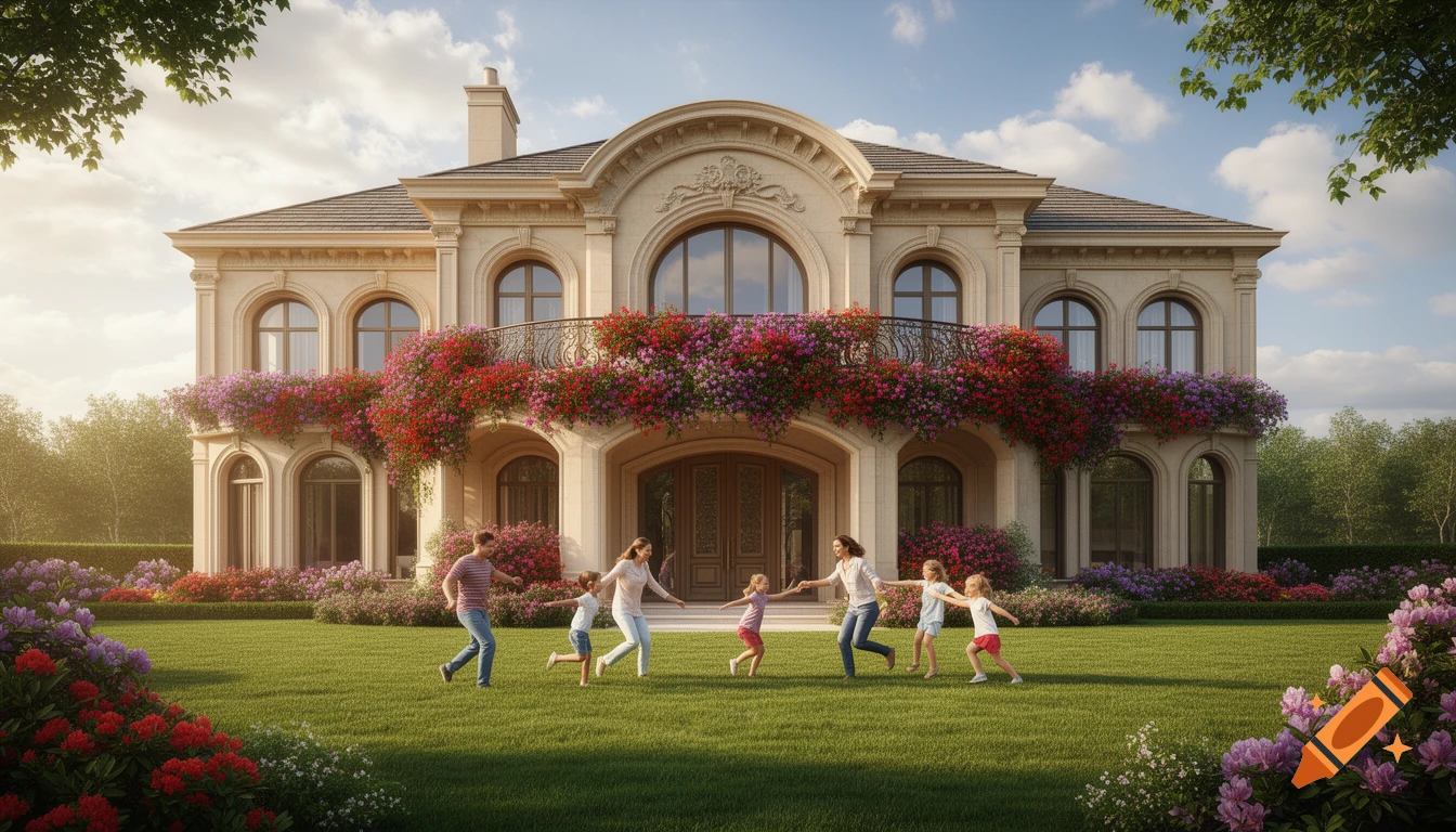 A family plays on a green lawn in front of a grand mansion with a flower-covered balcony under a bright sky.