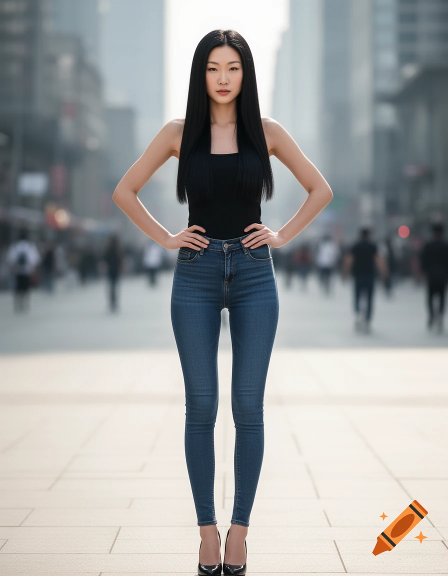 A tall Chinese woman with long black hair, wearing a black tank top and tight blue jeans, stands with hands on hips in a city street. Photorealistic.