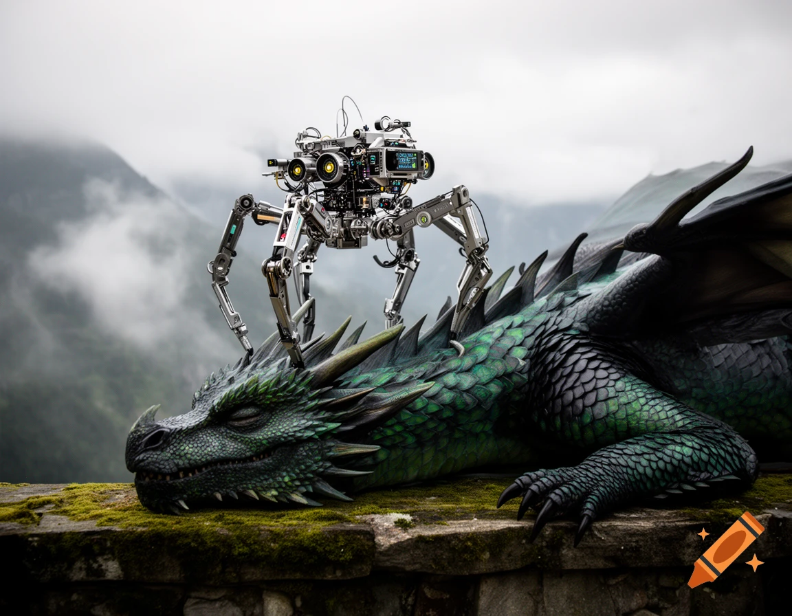 A photorealistic 8-legged robot stands on a sleeping green dragon on a mossy wall, against a foggy mountain backdrop.