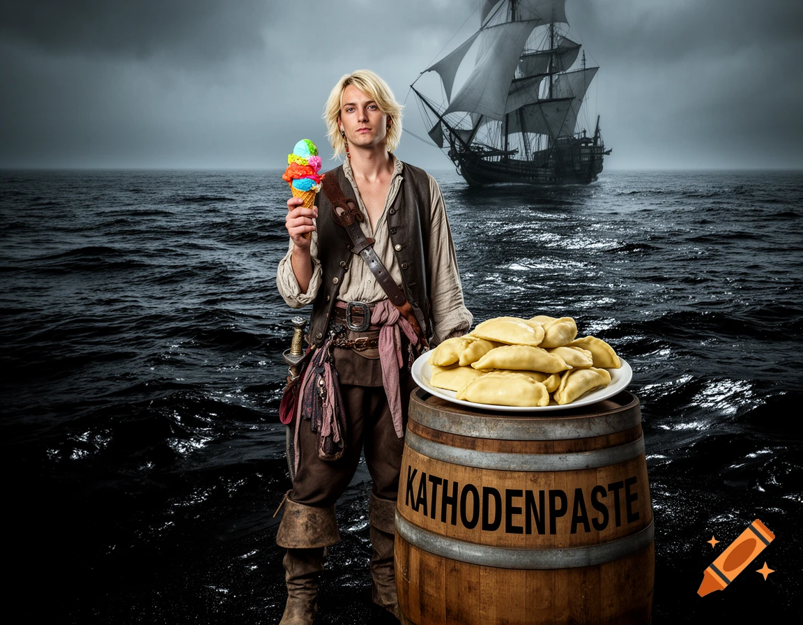 Blond pirate holds colorful ice cream by a barrel labeled 'KATHODENPASTE' with Maultaschen. A dark ship sails stormy waters behind him.