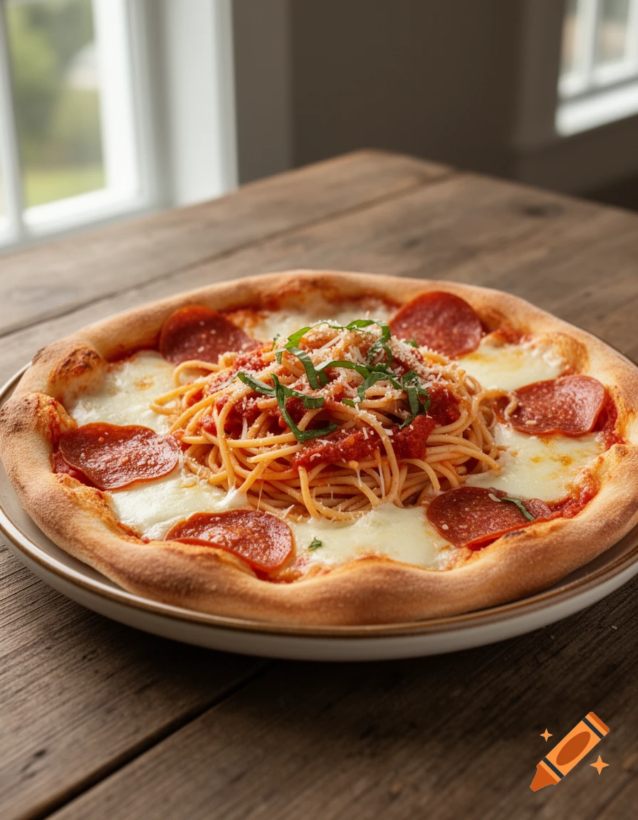 Photorealistic close-up of a pizza topped with spaghetti, pepperoni, melted cheese, and basil on a wooden table.