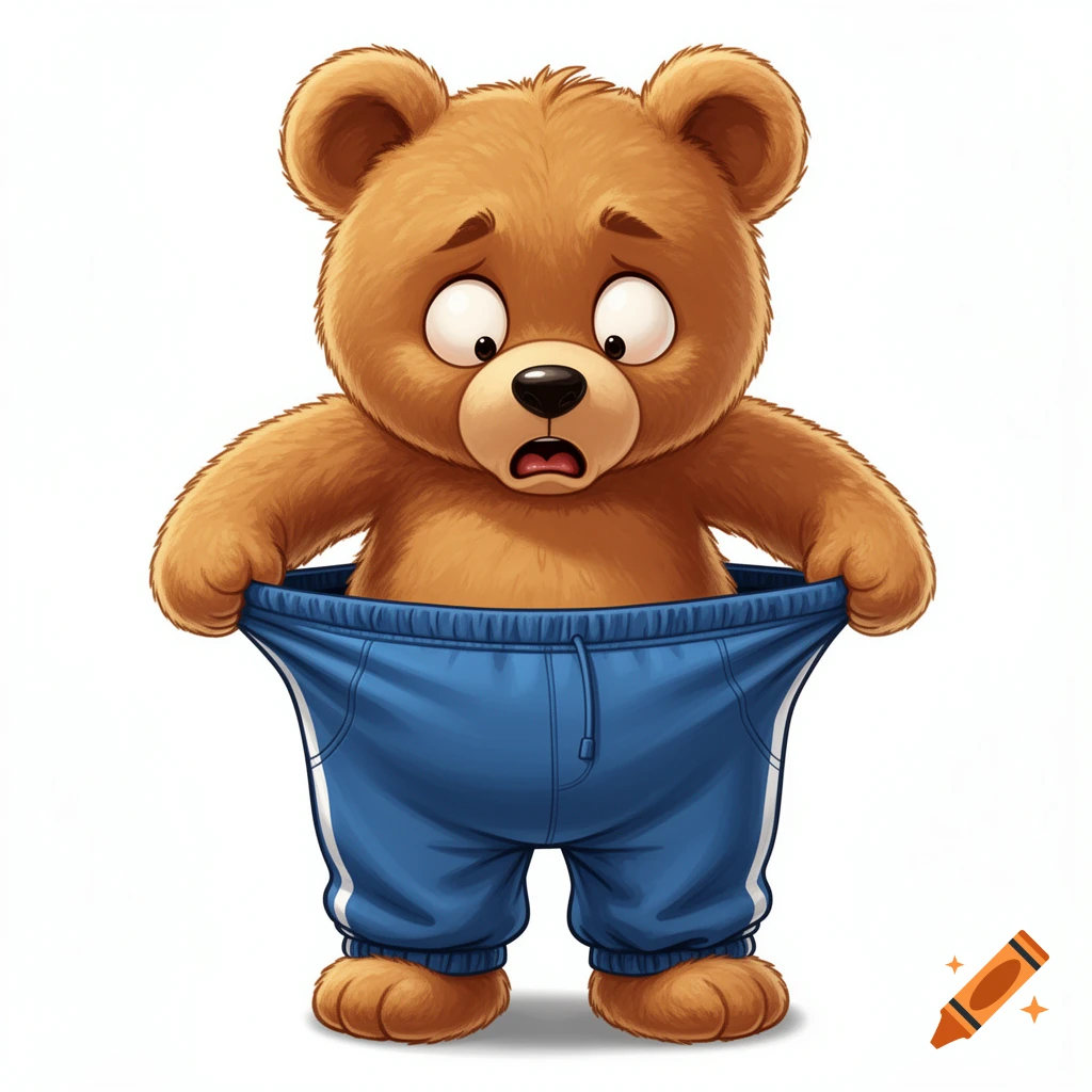 A shocked cartoon teddy bear in blue jogging pants pulls them wide open to look down inside.