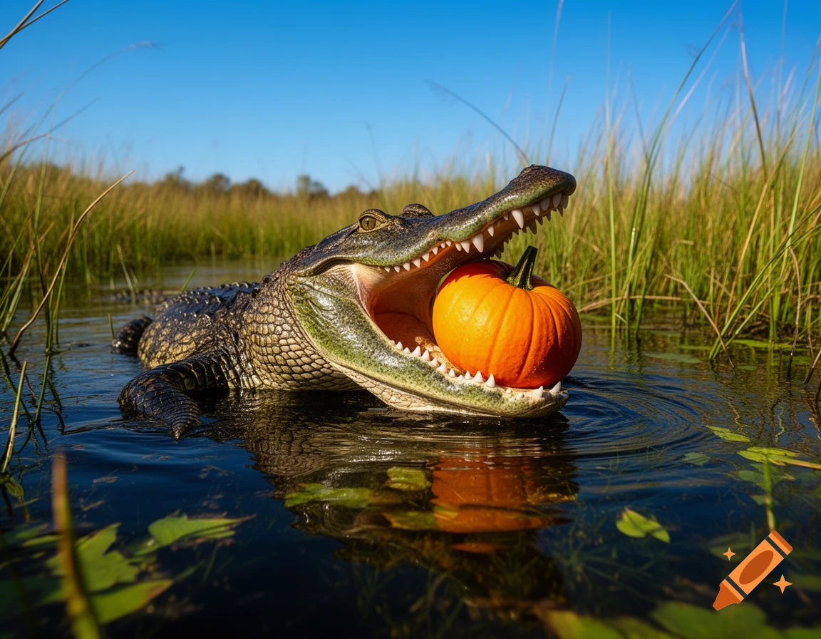 A photorealistic alligator in water with an orange pumpkin in its open mouth, surrounded by tall green grass and a blue sky.