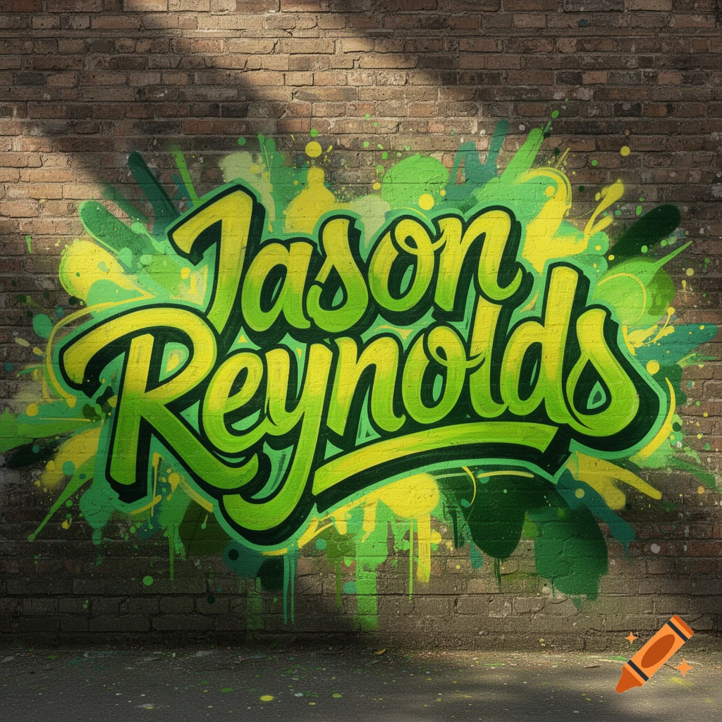 Vibrant green and yellow graffiti spells 'Jason Reynolds' on a textured brick wall with paint splatters.