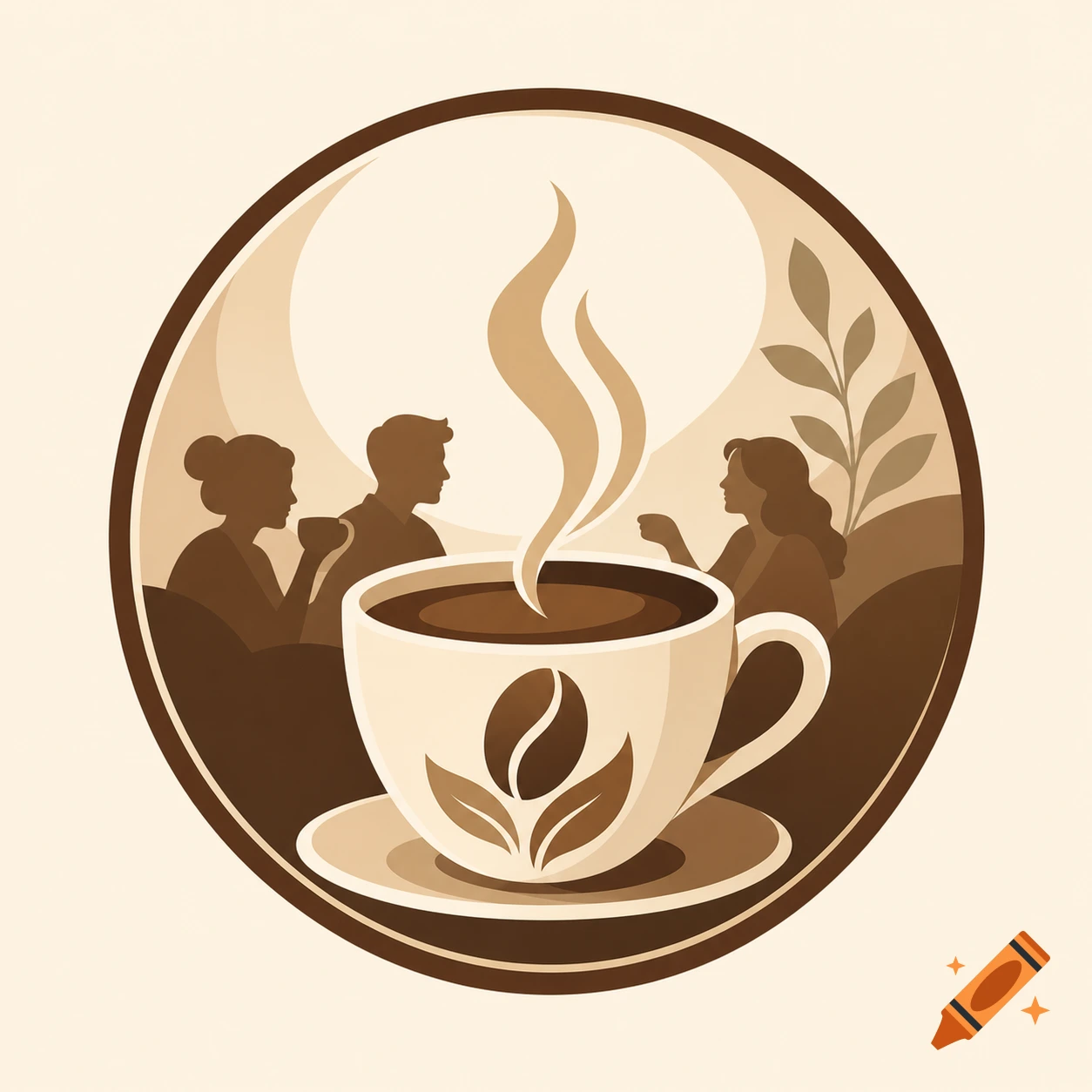 Monochromatic stylized cafe logo with a steaming coffee cup, coffee bean, and leaf design, plus background silhouettes of people.