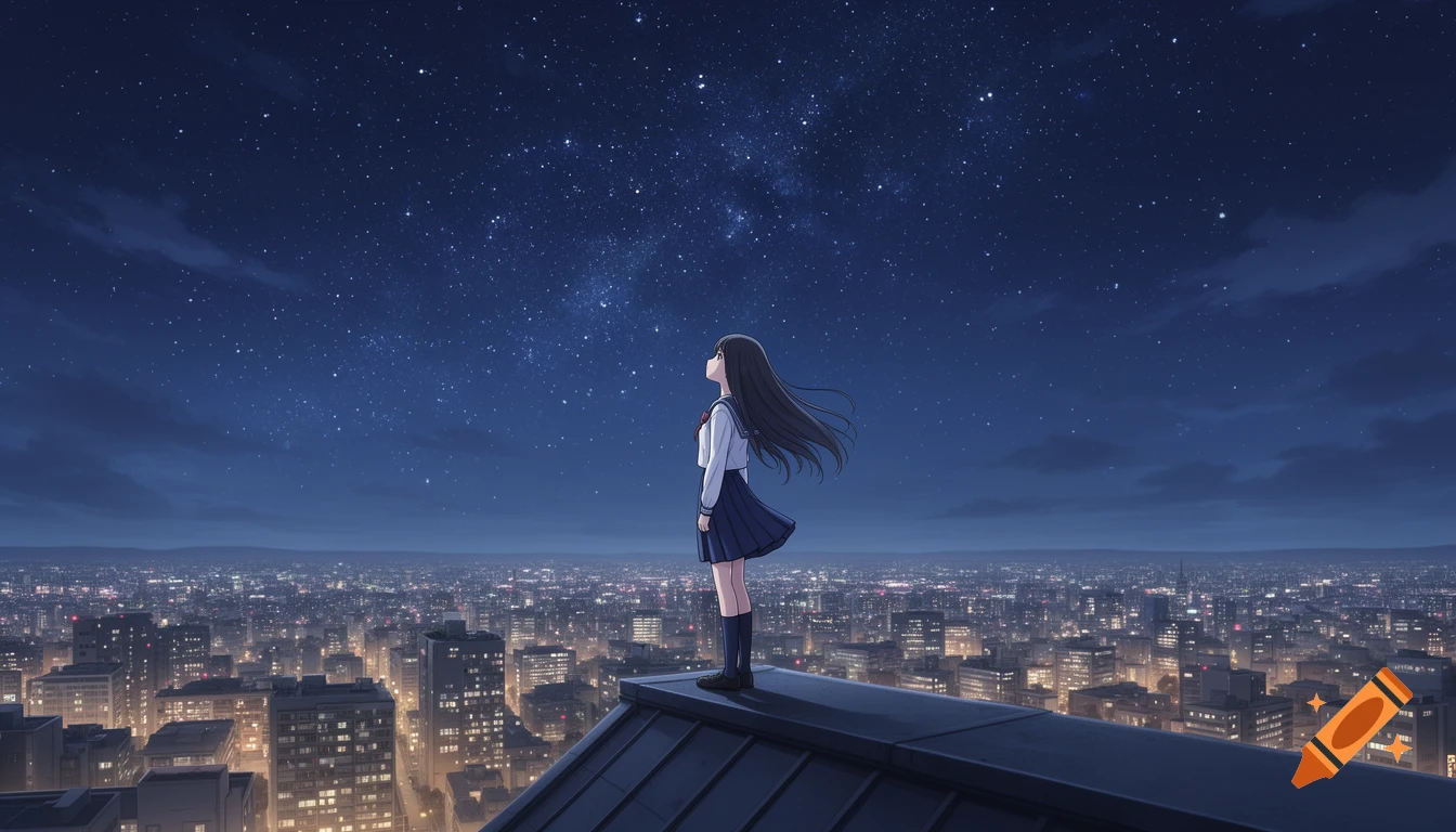 An anime girl in a school uniform stands on a rooftop at night, gazing at the starry sky above a glowing city.