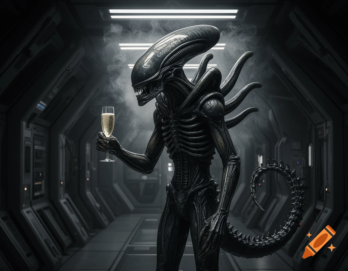 A photorealistic black Xenomorph alien in a dark spaceship corridor holds a champagne flute.