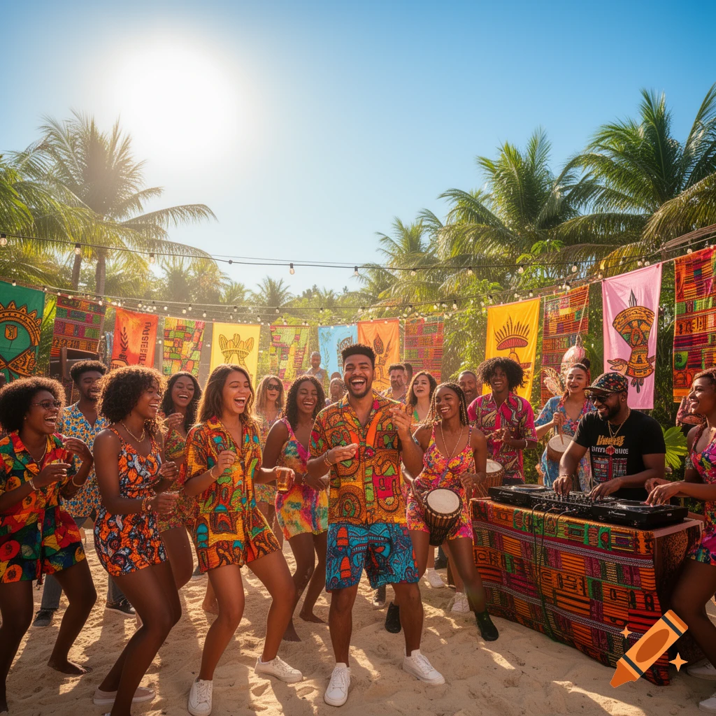 A vibrant beach party with a diverse group of people dancing and laughing. A DJ is at a booth on the right, and colorful flags with African-inspired patterns hang overhead. The sun shines brightly over palm trees.