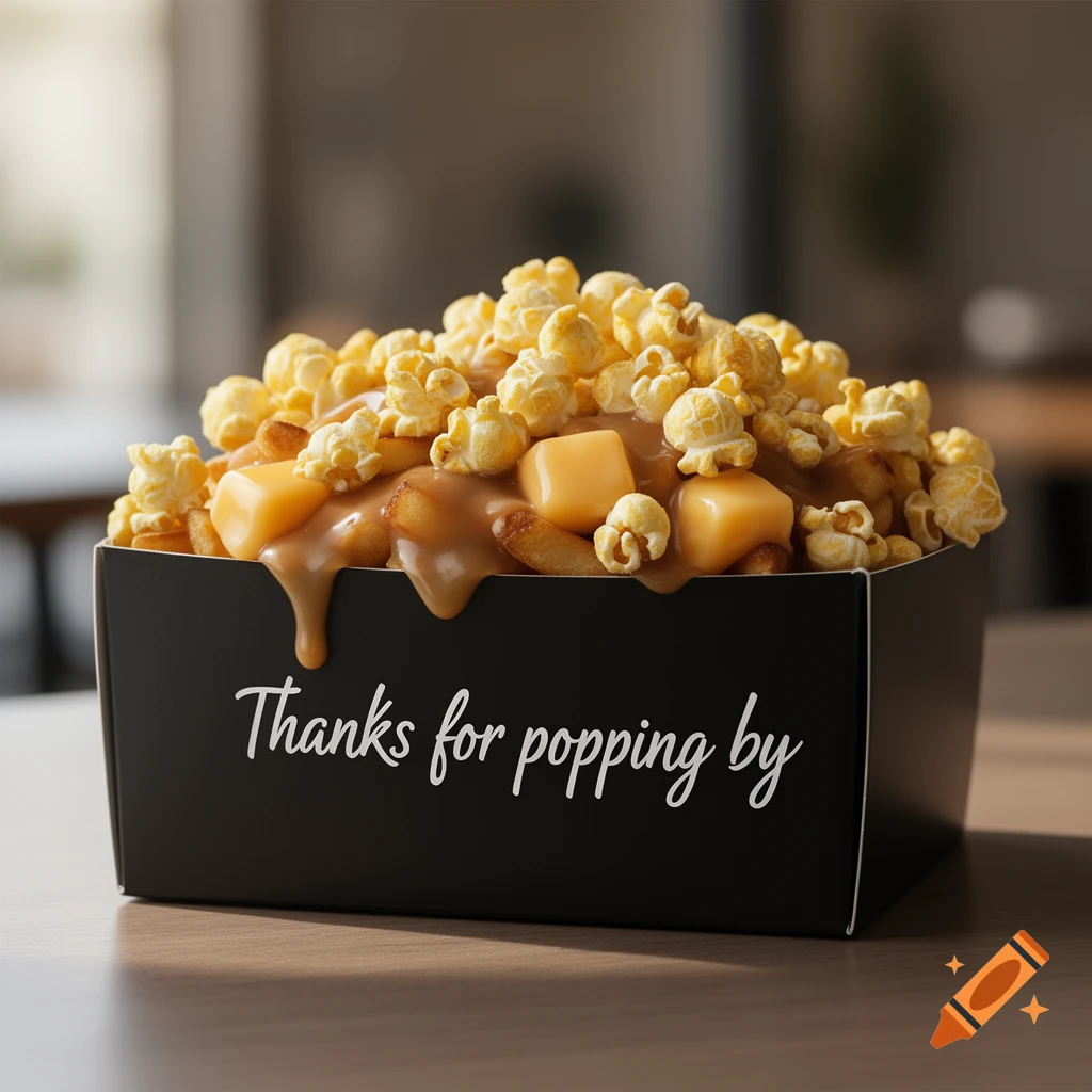 Photorealistic image of popcorn poutine with gravy and cheese curds in a black box, reading 'Thanks for popping by'.