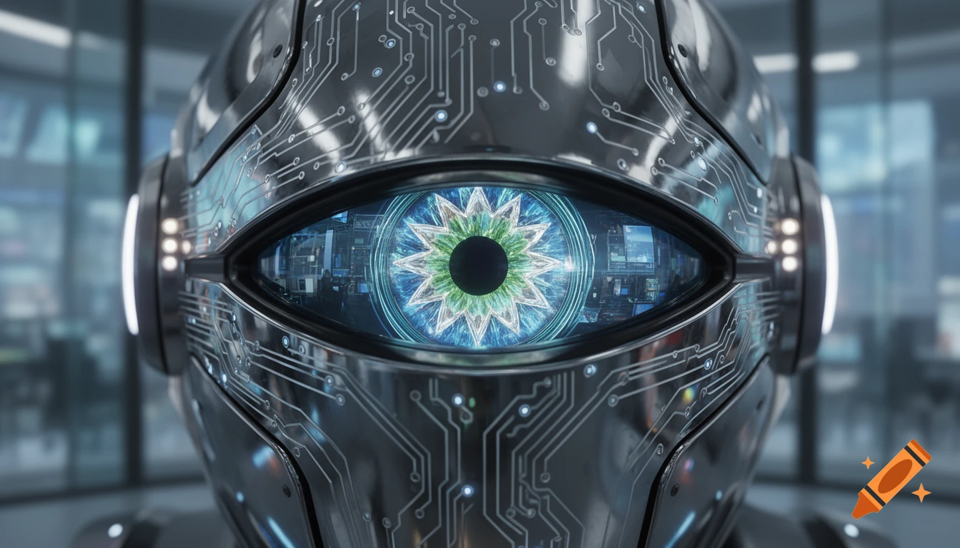 Close-up of a metallic robot's face with intricate circuitry and a glowing, patterned blue and green eye.