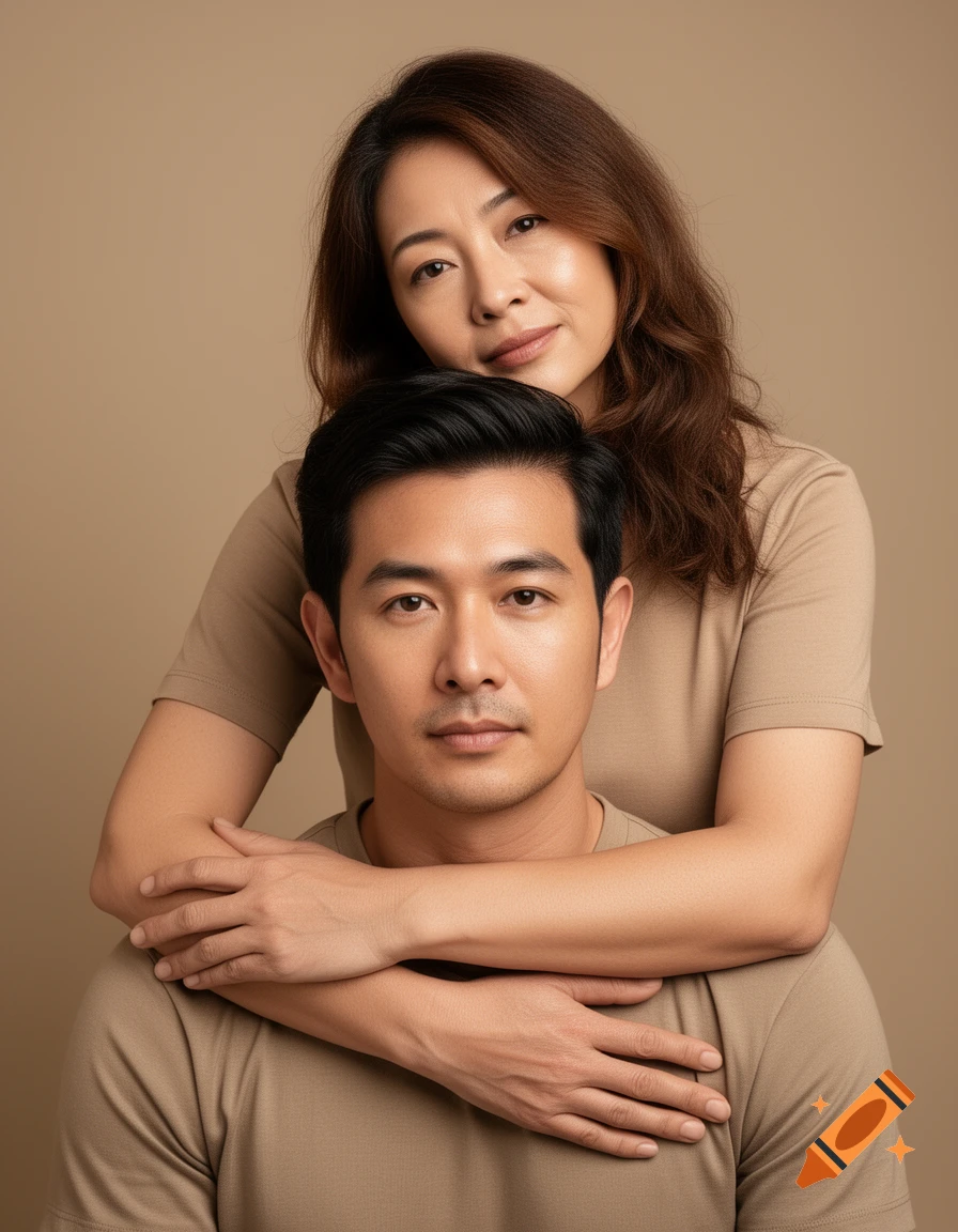 Photorealistic studio portrait of an Asian man seated with an Asian woman behind him, embracing him, both wearing beige t-shirts and looking at the camera.